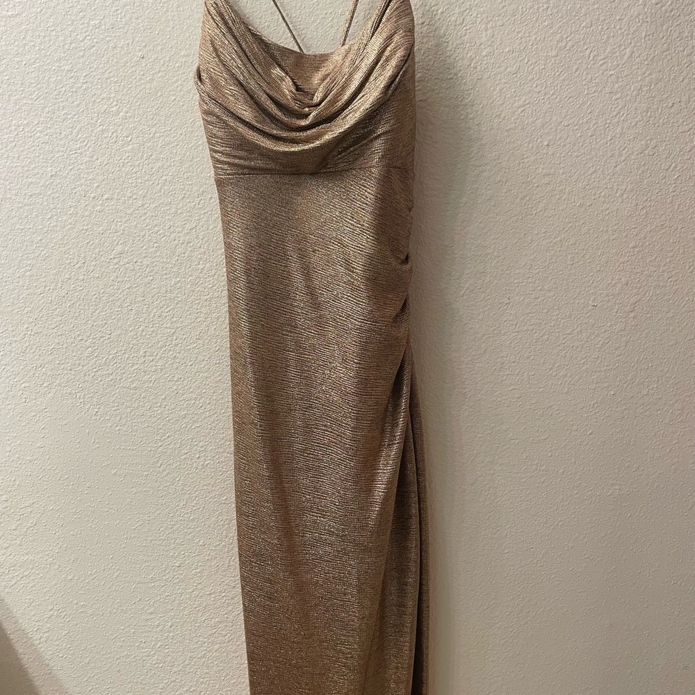 Night Way Collections Metallic Gold Strapless Gown